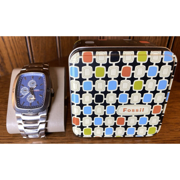 Men's Casual Stainless Steel Fossil Blue Rectangle Day Week, Month Watch Ch2434 - Picture 1 of 16